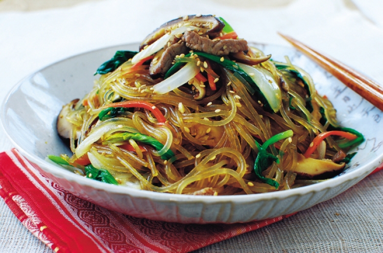 Japchae, (Stir-fried starch noodles with beef and vegetables)