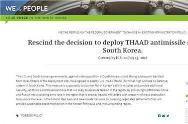 No. of petitioners to White House against THAAD deployment tops 100,000