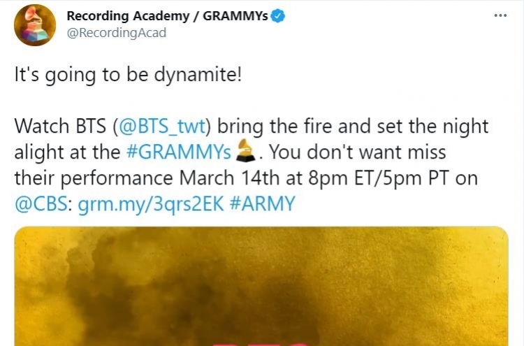 BTS to become 1st Korean nominee to perform at upcoming Grammy Awards