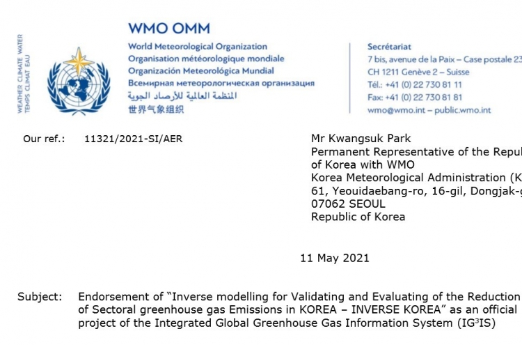 Korea’s greenhouse gas tracking system becomes 1st WMO-endorsed project in Asia