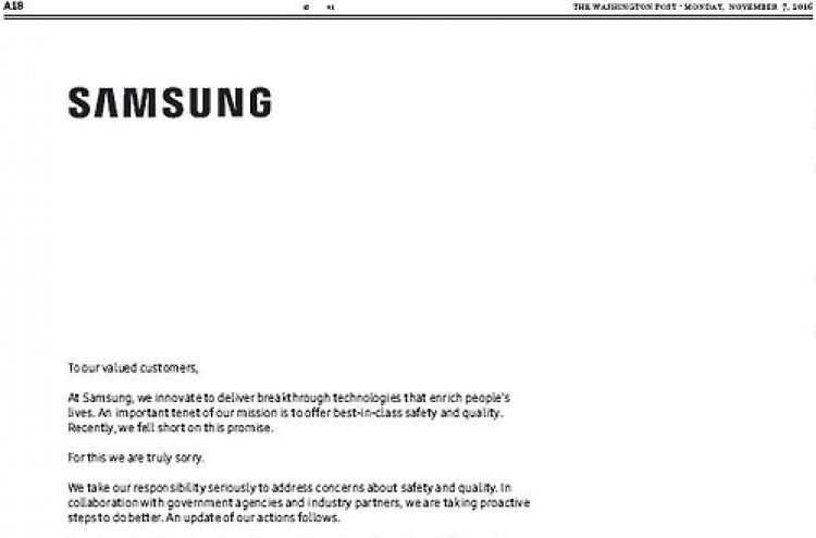 Samsung runs apology ad over Galaxy Note 7 recall