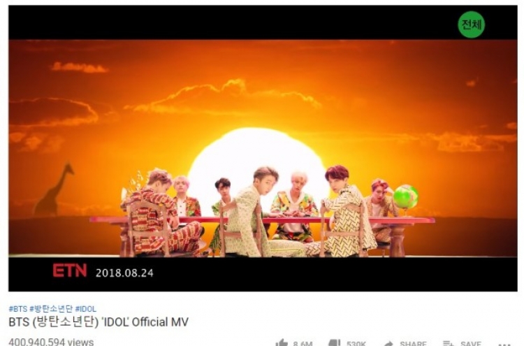 BTS' 'Idol' video tops 400 mln YouTube views