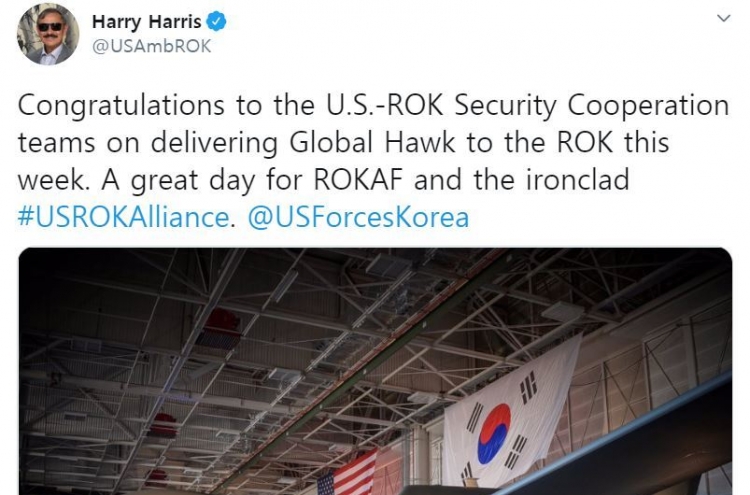 US amb. tweets on delivery of Global Hawk unmanned aircraft to S. Korea