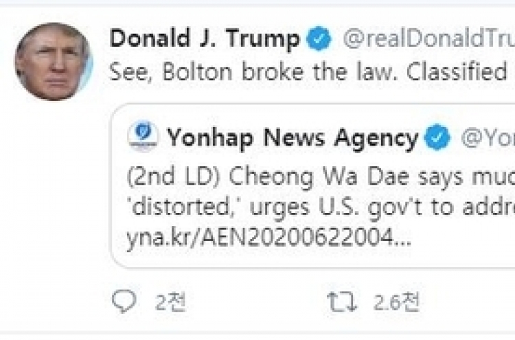 In retweet of Yonhap report, Trump accuses Bolton of breaking law