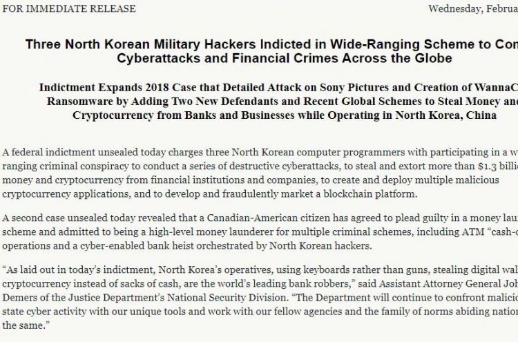 US indicts 3 N. Korean hackers in attempted theft of $1.3b