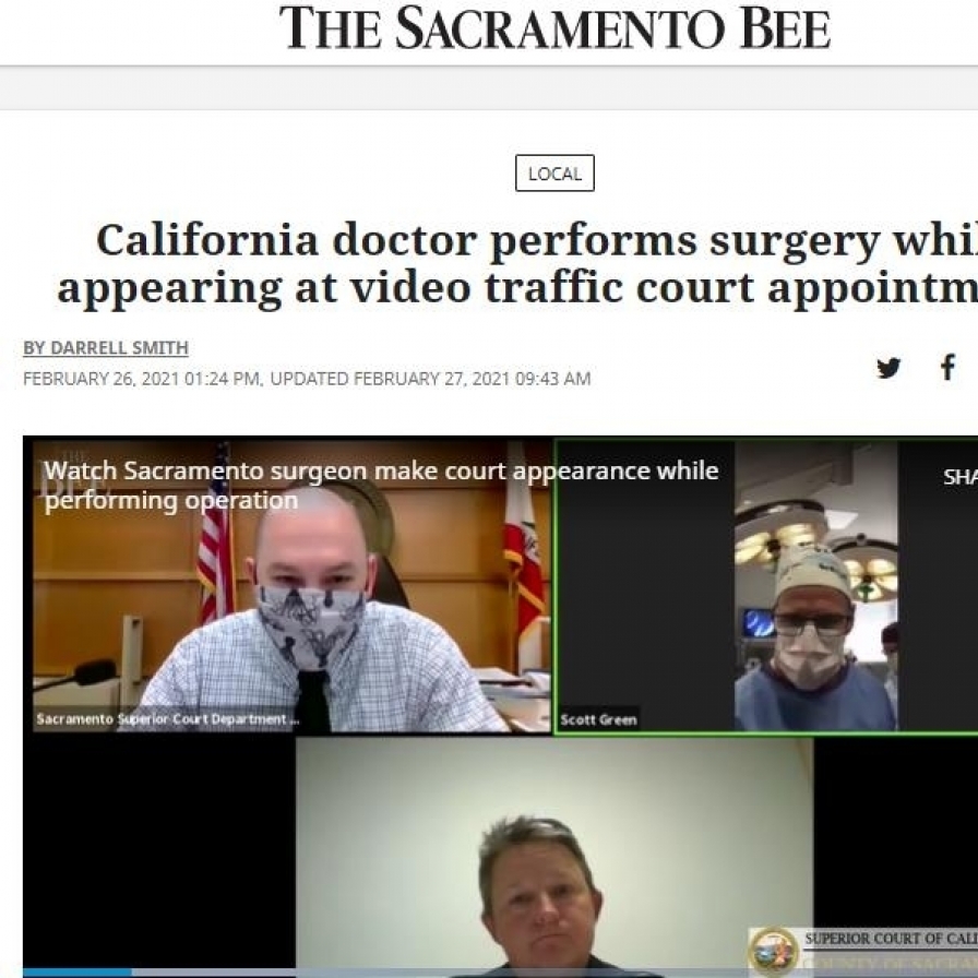 '수술하며 화상 법정 출두'…미국 캘리포니아 의사 처벌 위기
