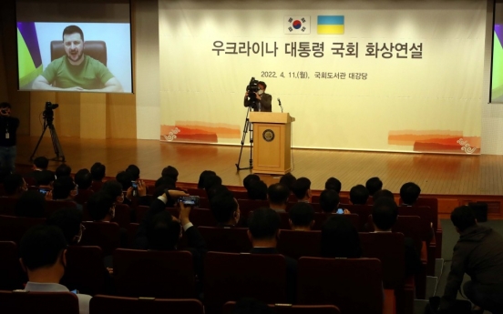 Zelenskyy asks South Korea for arms support, denounces Russian atrocities