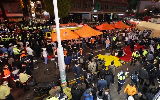 Rescue workers set up emergency medical center following Itaewon Halloween incident