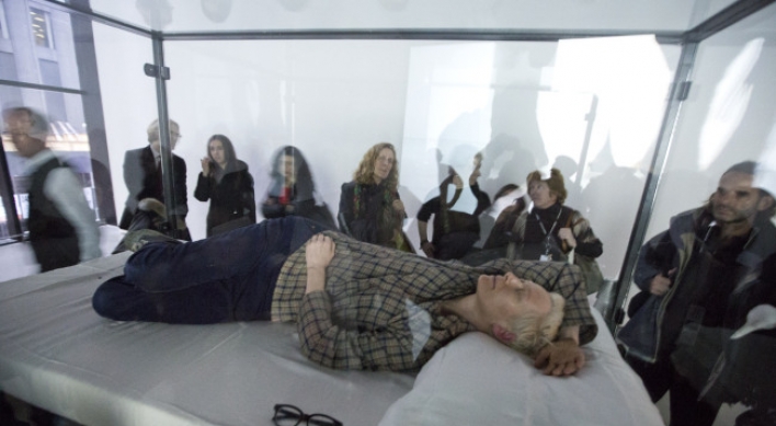 British actress Swinton takes an artful nap at Museum of Modern Art