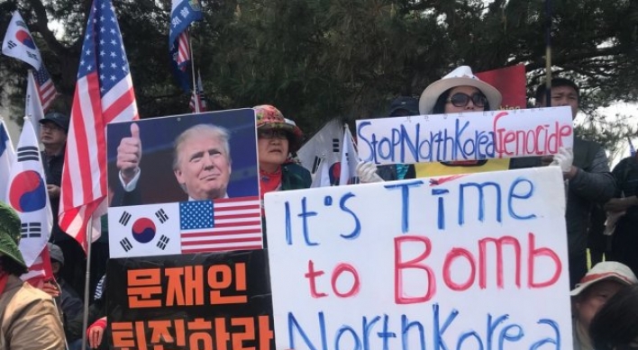 [From the scene] Rightwing protestors claim ‘time to bomb NK’