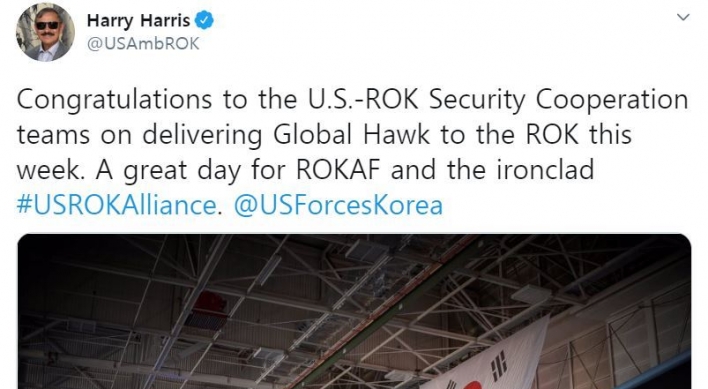 US amb. tweets on delivery of Global Hawk unmanned aircraft to S. Korea