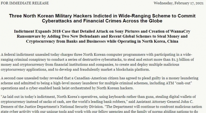 US indicts 3 N. Korean hackers in attempted theft of $1.3b