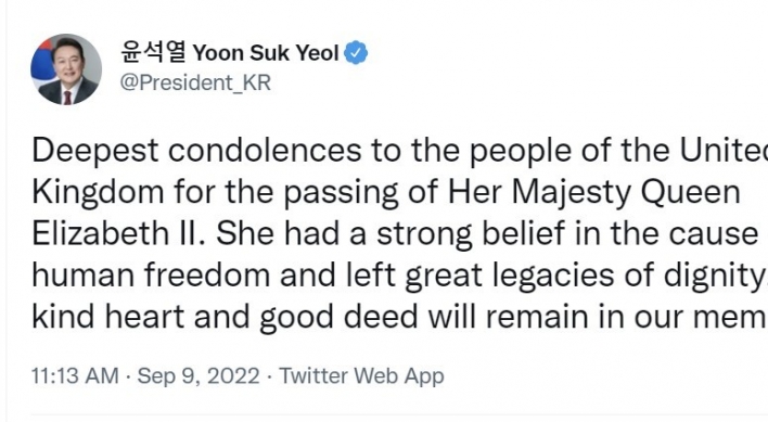 Yoon offers condolences over death of Queen Elizabeth II