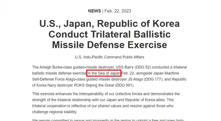 S. Korea asks US command to remove ‘Sea of Japan’ from trilateral exercise press release