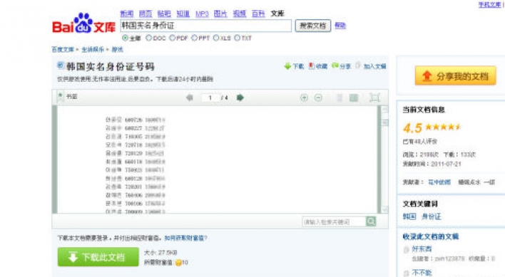 Korean national ID numbers spring up all over Chinese Web