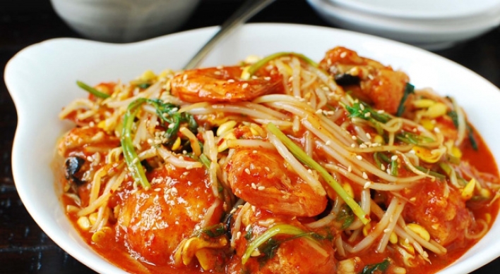 Agujjim (spicy braised monkfish with soybean sprouts)