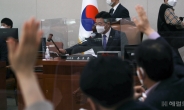 [헤럴드pic] ‘산회를 선포하는 위원장과 손드는 야당의원’